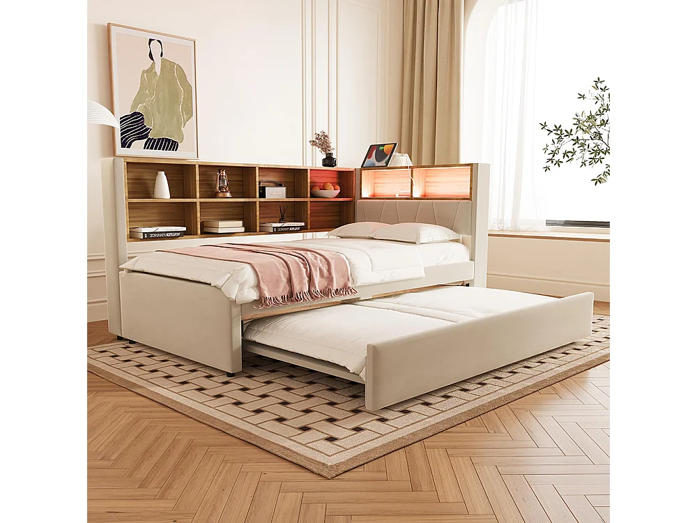 Lit gigogne 90x200 et 90x190 avec prise USB et nombreux compartiments de rangement lit rembourré multifonction lit simple Beige