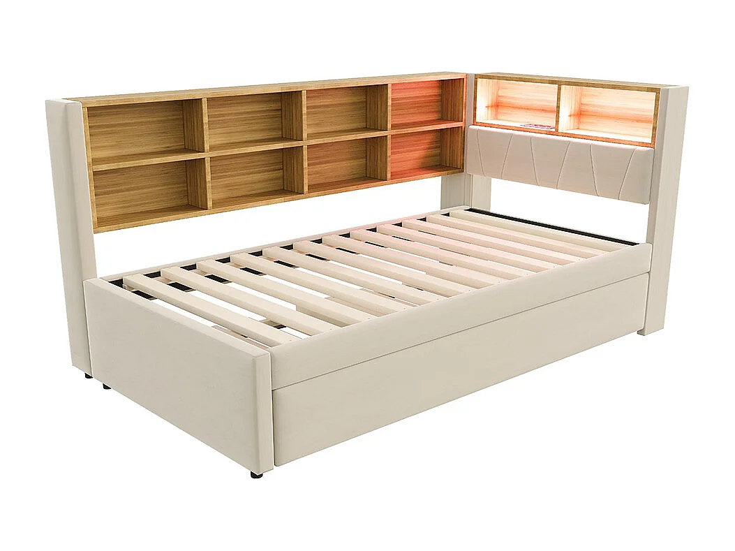 Lit gigogne 90x200 et 90x190 avec prise USB et nombreux compartiments de rangement lit rembourré multifonction lit simple Beige