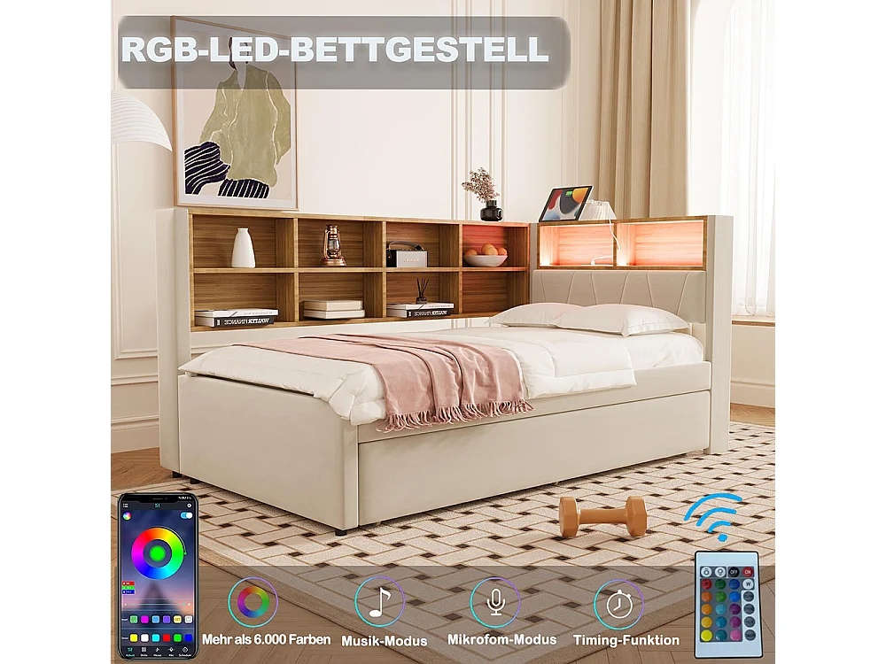 Lit gigogne 90x200 et 90x190 avec prise USB et nombreux compartiments de rangement lit rembourré multifonction lit simple Beige