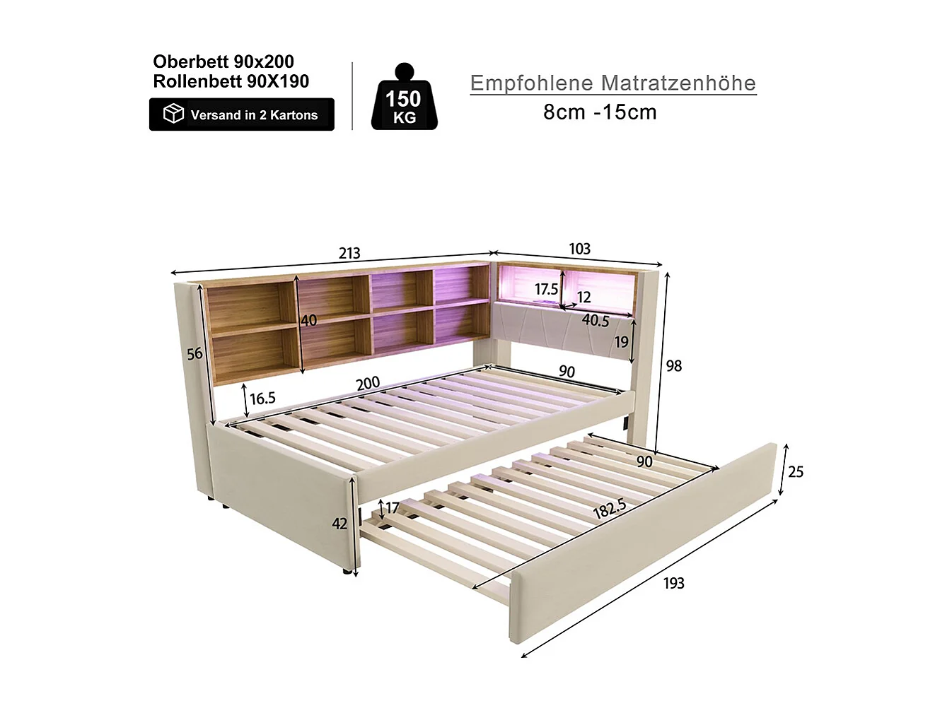 Lit gigogne 90x200 et 90x190 avec prise USB et nombreux compartiments de rangement lit rembourré multifonction lit simple Beige