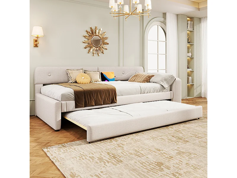 Lit gigogne 90x200 avec sommier à lattes (sans matelas) avec compartiment de rangement rabattable usb+type-c Lin Beige