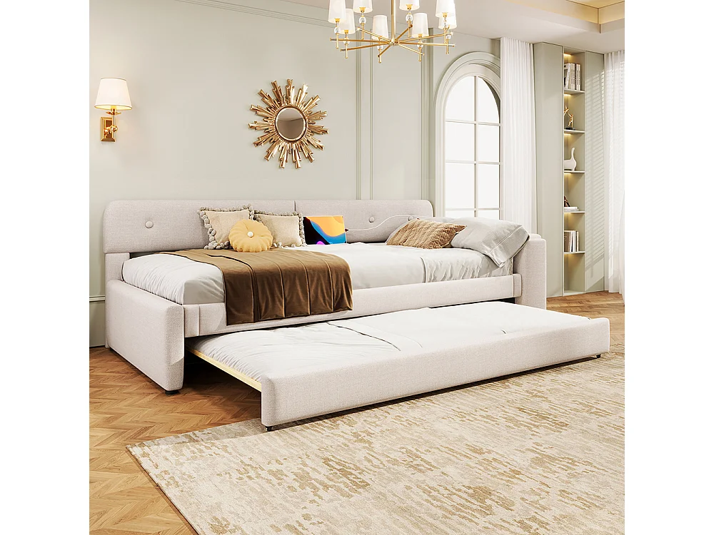 Lit gigogne 90x200 avec sommier à lattes (sans matelas) avec compartiment de rangement rabattable usb+type-c Lin Beige