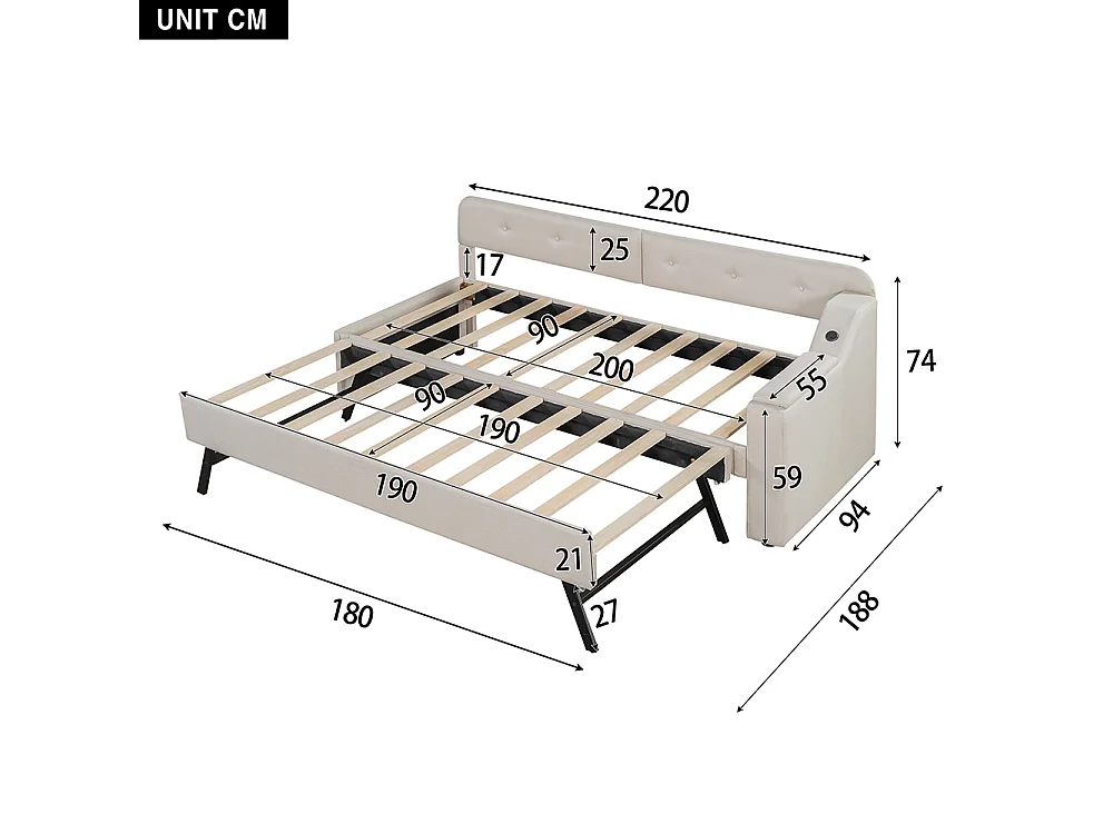 Lit gigogne 90x200 avec sommier à lattes (sans matelas) avec compartiment de rangement rabattable usb+type-c Lin Beige