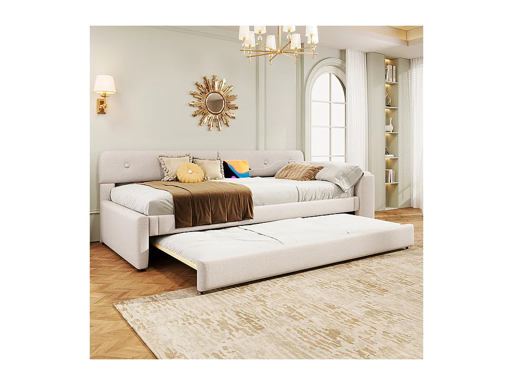 Lit gigogne 90x200 avec sommier à lattes (sans matelas) avec compartiment de rangement rabattable usb+type-c Lin Beige