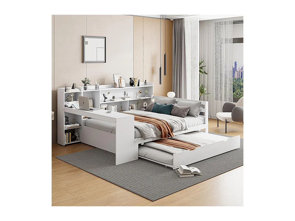 Lit gigogne 140x200 avec bureau étagères compartiments de rangement et étagères avec prises de courant lit double en bois Blanc