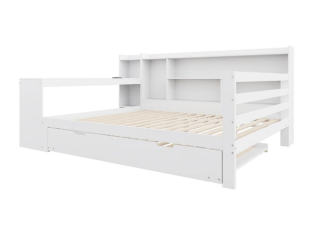 Lit gigogne 140x200 avec bureau étagères compartiments de rangement et étagères avec prises de courant lit double en bois Blanc