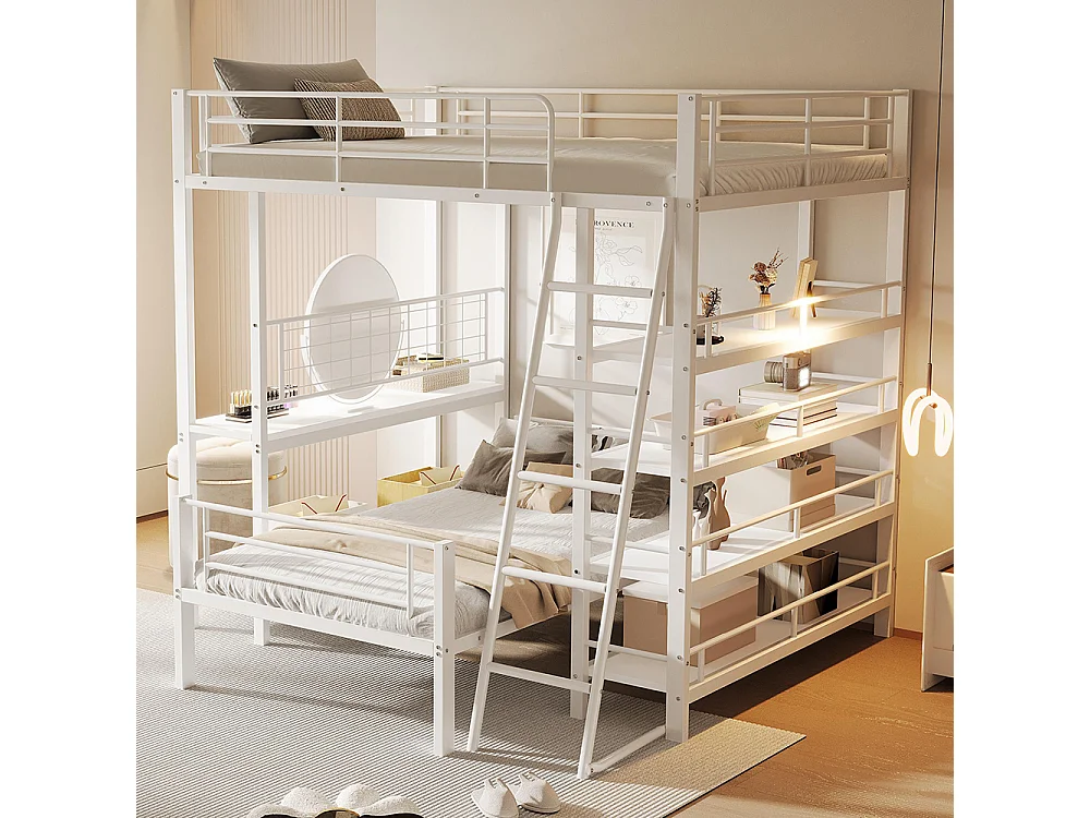 Lit superposé à cadre métallique 140x200 lit mezzanine lit multifonction avec plusieurs compartiments de rangement Blanc
