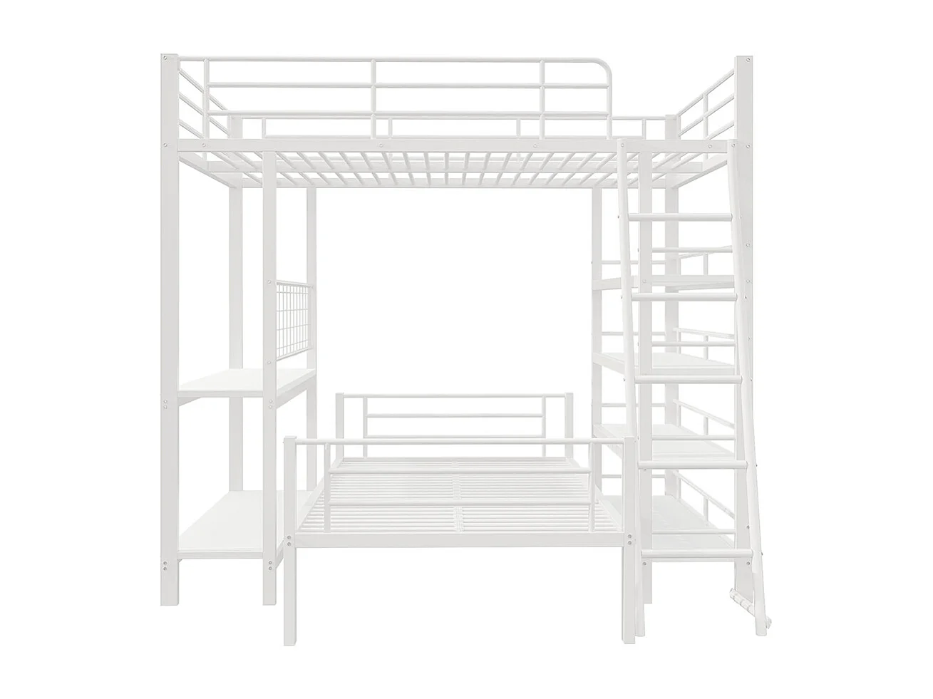 Lit superposé à cadre métallique 140x200 lit mezzanine lit multifonction avec plusieurs compartiments de rangement Blanc