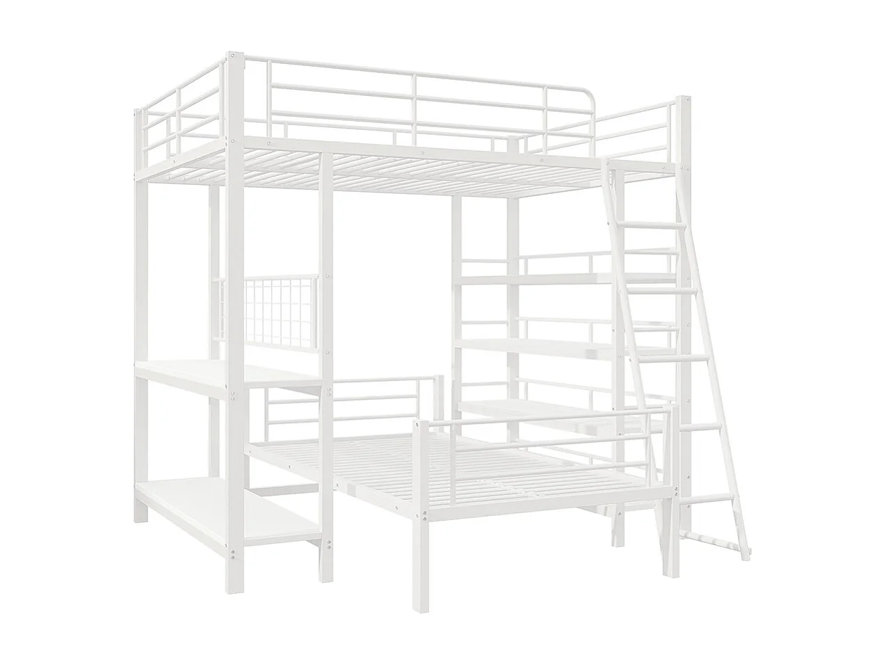 Lit superposé à cadre métallique 140x200 lit mezzanine lit multifonction avec plusieurs compartiments de rangement Blanc