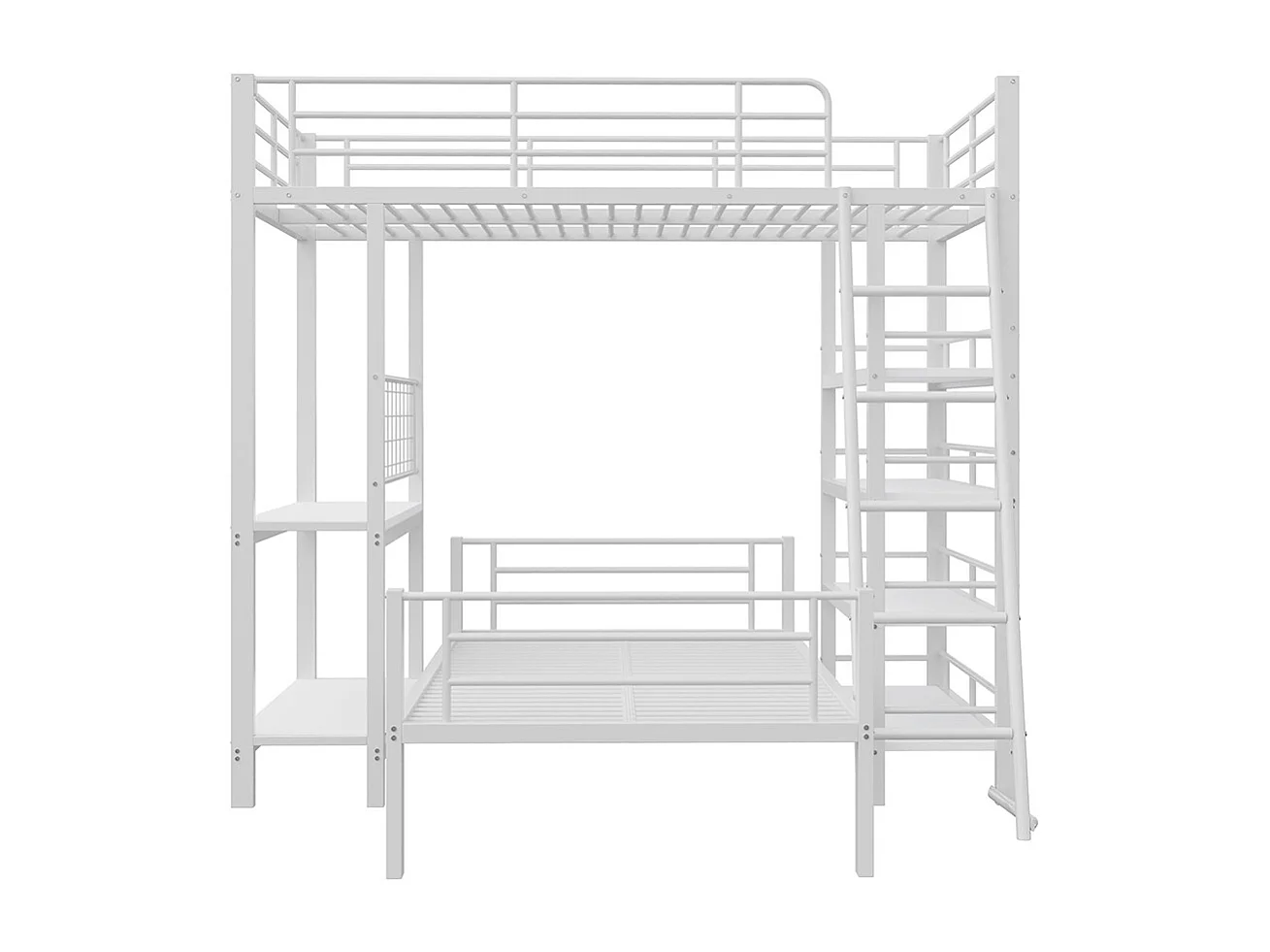 Lit superposé à cadre métallique 90x200 lit mezzanine lit multifonction avec plusieurs compartiments de rangement Blanc