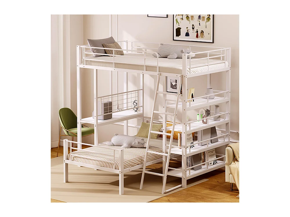 Lit superposé à cadre métallique 90x200 lit mezzanine lit multifonction avec plusieurs compartiments de rangement Blanc