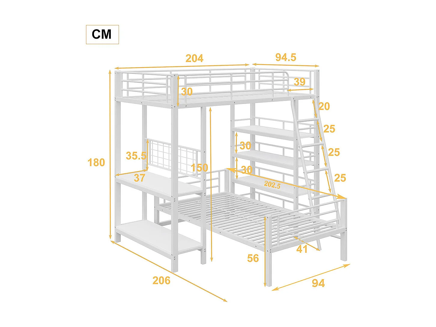 Lit superposé à cadre métallique 90x200 lit mezzanine lit multifonction avec plusieurs compartiments de rangement Blanc