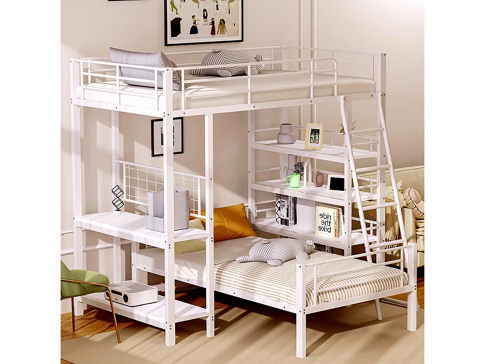 Lit superposé à cadre métallique 90x200 lit mezzanine lit multifonction avec plusieurs compartiments de rangement Blanc