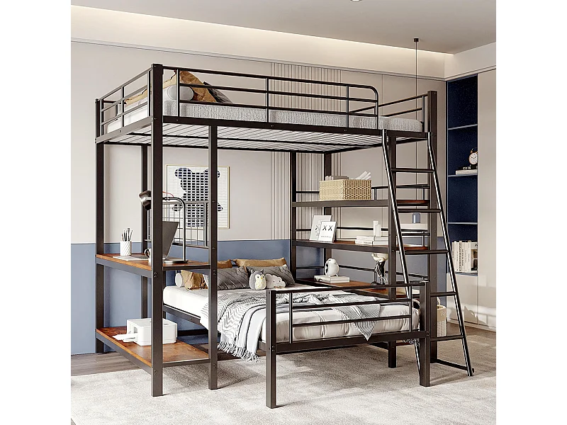 Lit superposé à cadre métallique 140x200 lit mezzanine lit multifonction avec plusieurs compartiments de rangement Noir
