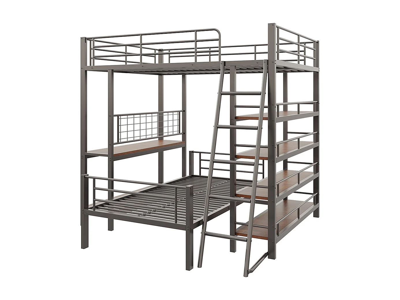 Lit superposé à cadre métallique 140x200 lit mezzanine lit multifonction avec plusieurs compartiments de rangement Noir