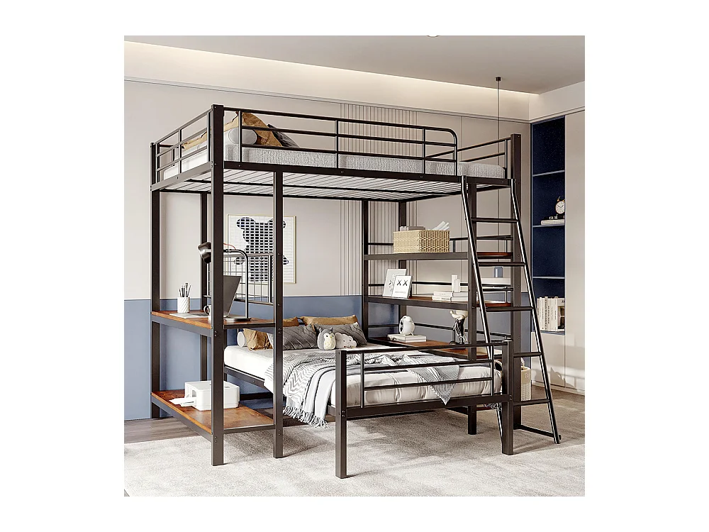 Lit superposé à cadre métallique 140x200 lit mezzanine lit multifonction avec plusieurs compartiments de rangement Noir