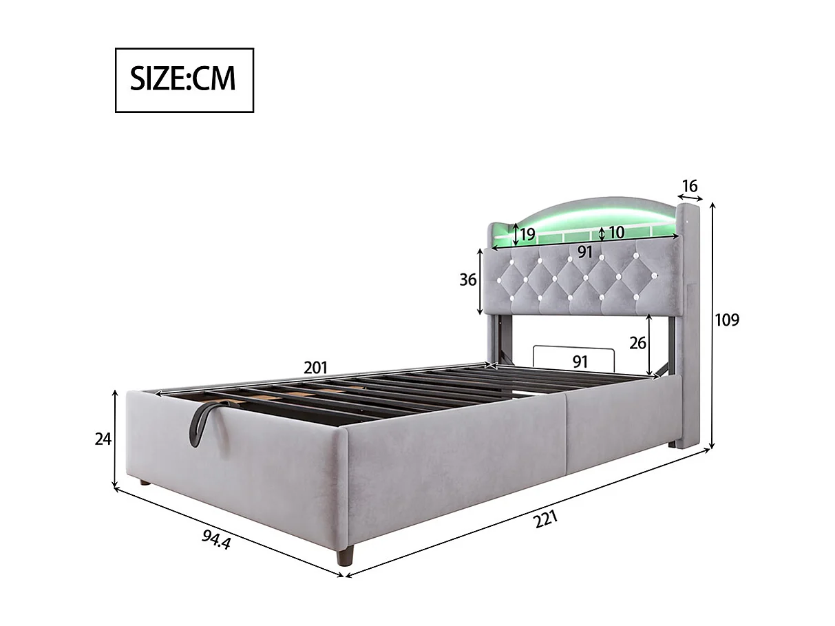 Lit coffre pour enfant 90x200 cm lit simple en velours lit multifonction avec espace de rangement LED et USB Gris
