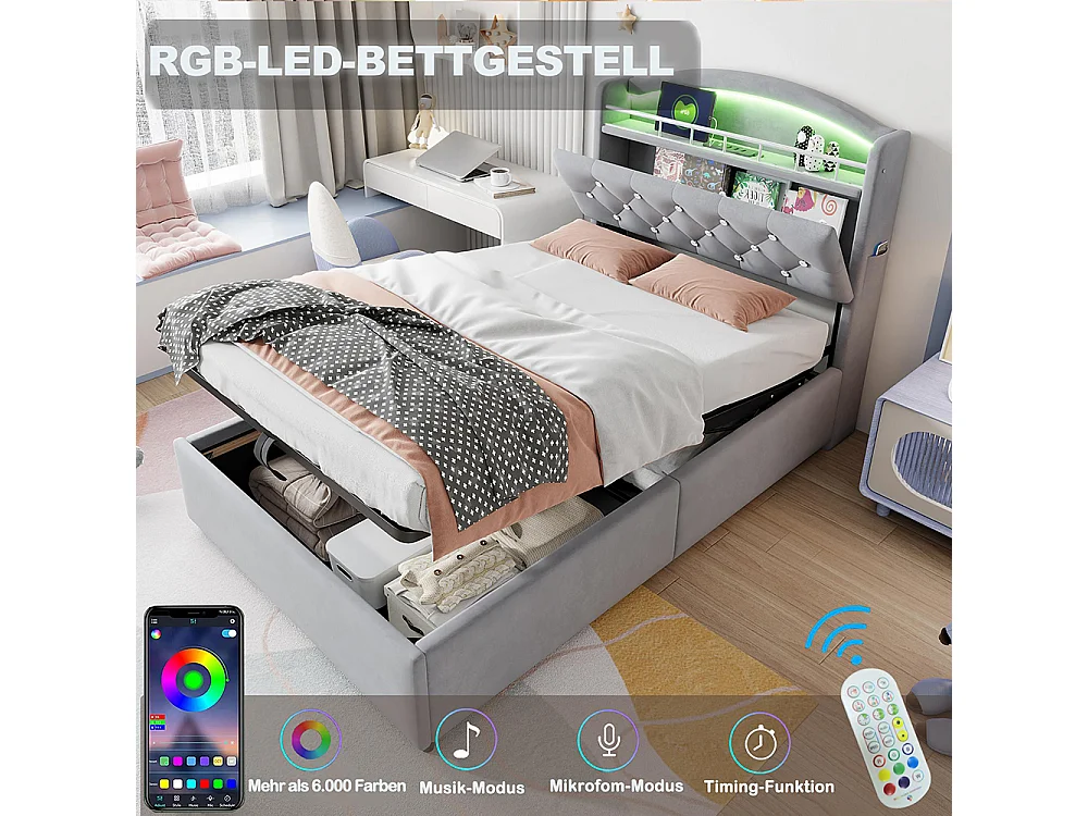 Lit coffre pour enfant 90x200 cm lit simple en velours lit multifonction avec espace de rangement LED et USB Gris