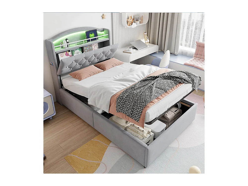 Lit coffre pour enfant 90x200 cm lit simple en velours lit multifonction avec espace de rangement LED et USB Gris