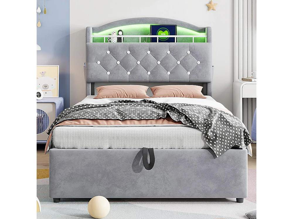 Lit coffre pour enfant 90x200 cm lit simple en velours lit multifonction avec espace de rangement LED et USB Gris