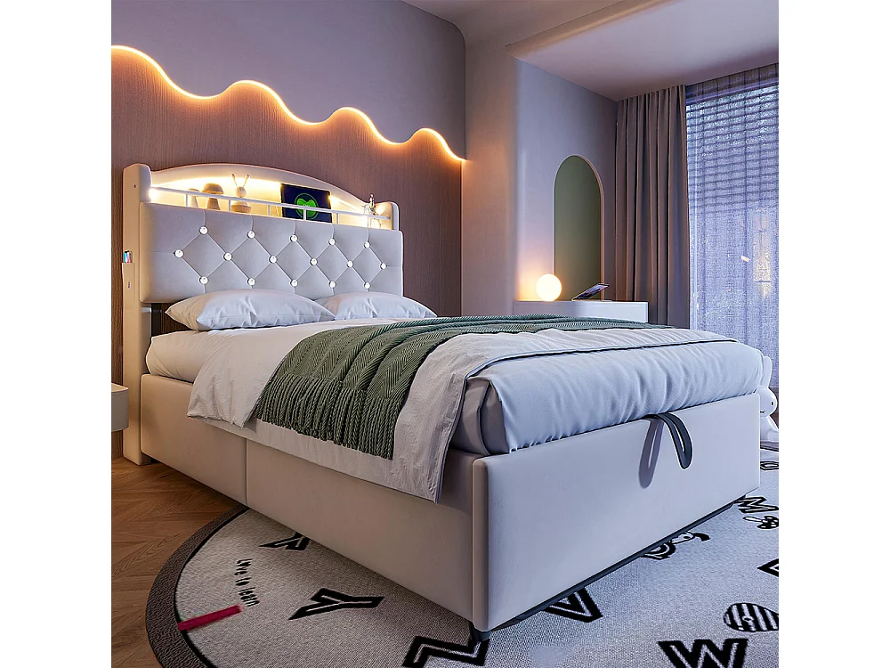 Lit coffre pour enfant 90x200 cm lit simple en velours lit multifonction avec espace de rangement LED et USB Beige