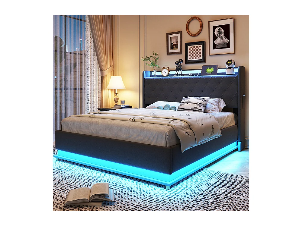 Lit coffre lit LED 140x200 avec connexion de charge USB et support hydraulique tissu de Lin Gris