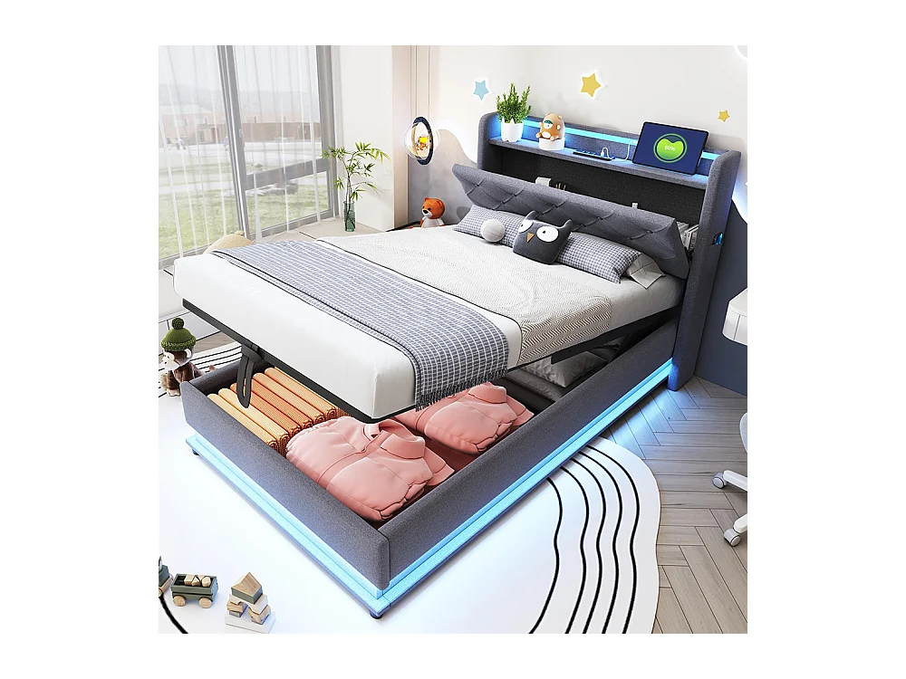 Lit coffre enfant 90x200 cm avec LED et USB tête de lit relevable avec pochette pour téléphone portable Tissu en Lin Gris