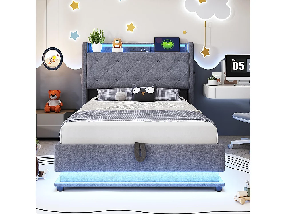 Lit coffre enfant 90x200 cm avec LED et USB tête de lit relevable avec pochette pour téléphone portable Tissu en Lin Gris