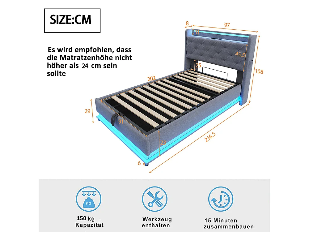 Lit coffre enfant 90x200 cm avec LED et USB tête de lit relevable avec pochette pour téléphone portable Tissu en Lin Gris