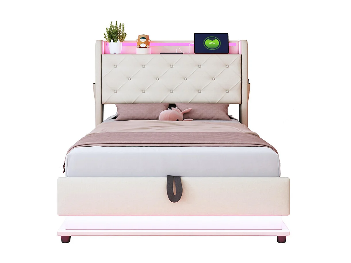 Lit coffre enfant 90x200 cm avec LED et USB tête de lit relevable avec pochette pour téléphone portable Tissu en Lin Beige