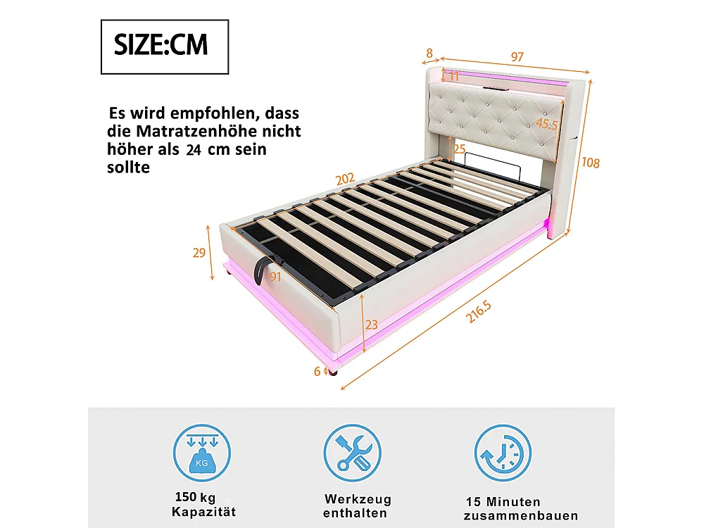 Lit coffre enfant 90x200 cm avec LED et USB tête de lit relevable avec pochette pour téléphone portable Tissu en Lin Beige