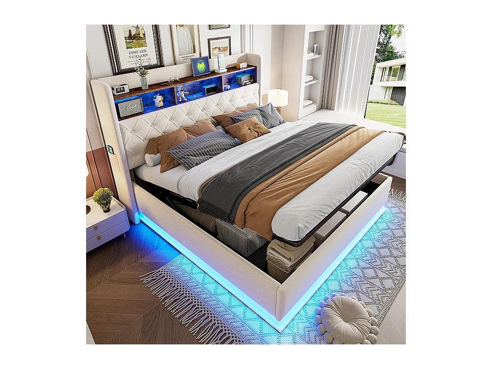 Lit coffre 180x200 LED avec port de chargement USB et espace de rangement hydraulique tissu en lin doux pour la peau Beige