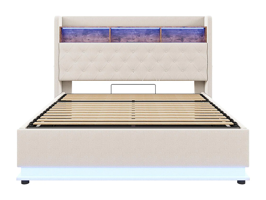 Lit coffre 180x200 LED avec port de chargement USB et espace de rangement hydraulique tissu en lin doux pour la peau Beige