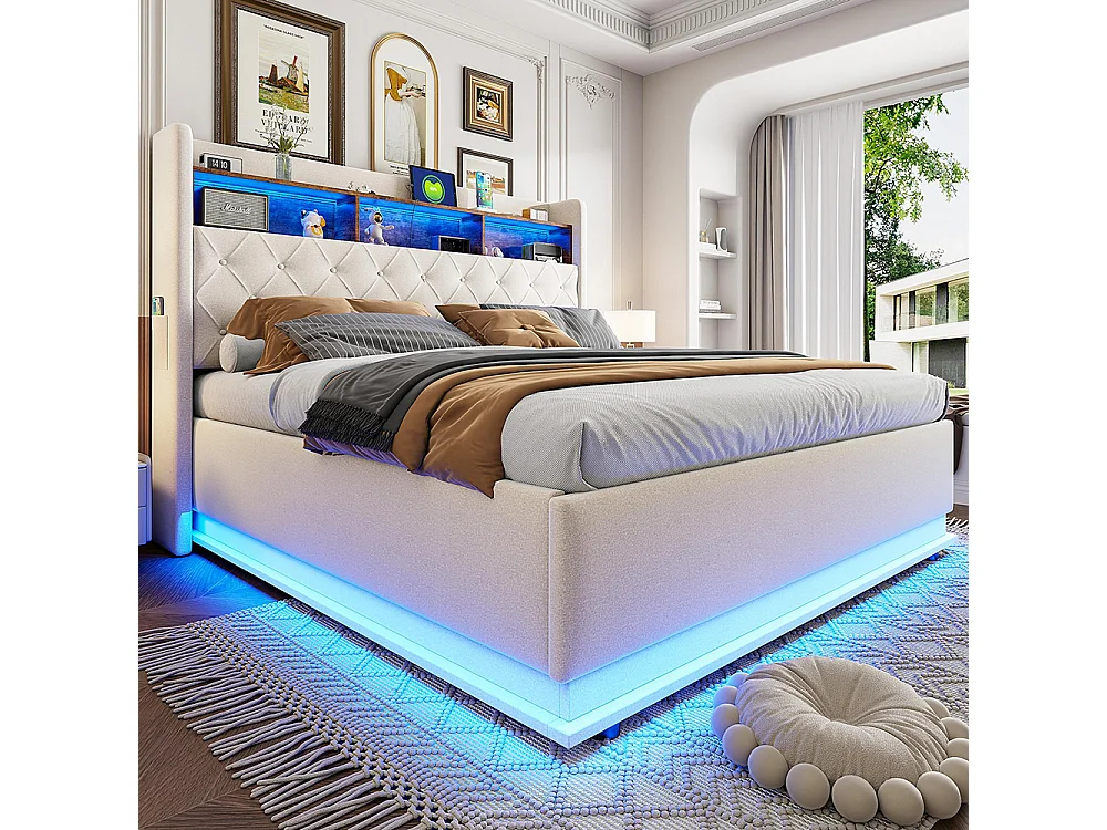 Lit coffre 180x200 LED avec port de chargement USB et espace de rangement hydraulique tissu en lin doux pour la peau Beige