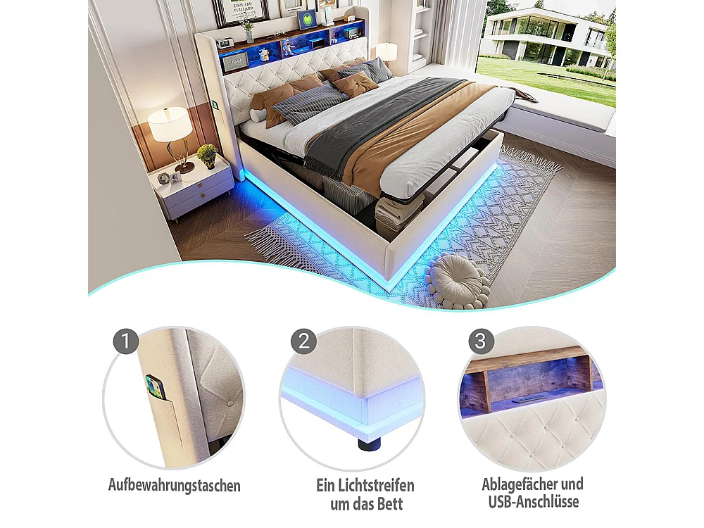 Lit coffre 180x200 LED avec port de chargement USB et espace de rangement hydraulique tissu en lin doux pour la peau Beige