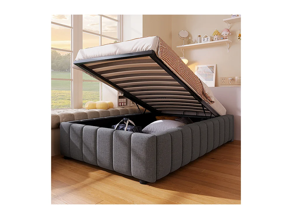 Lit coffre Cadre de lit 90x200 lit rembourré suspension hydraulique sans tête de lit sans matelas Gris