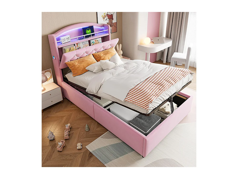 Lit coffre pour enfant 90x200 cm lit simple en velours lit multifonction avec espace de rangement LED et USB Rose