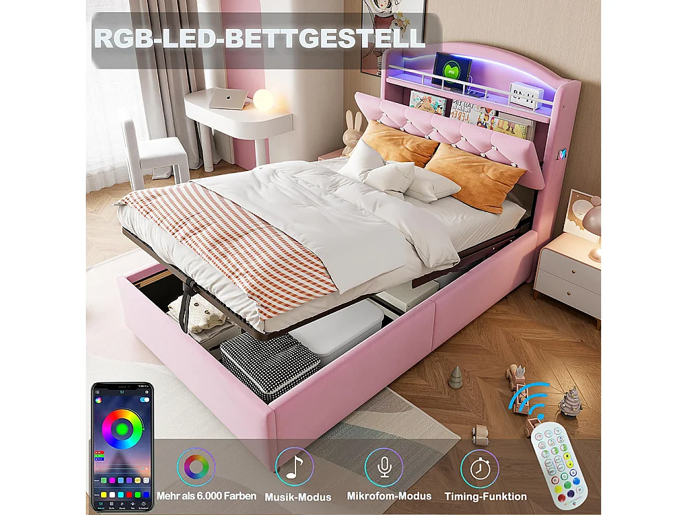 Lit coffre pour enfant 90x200 cm lit simple en velours lit multifonction avec espace de rangement LED et USB Rose