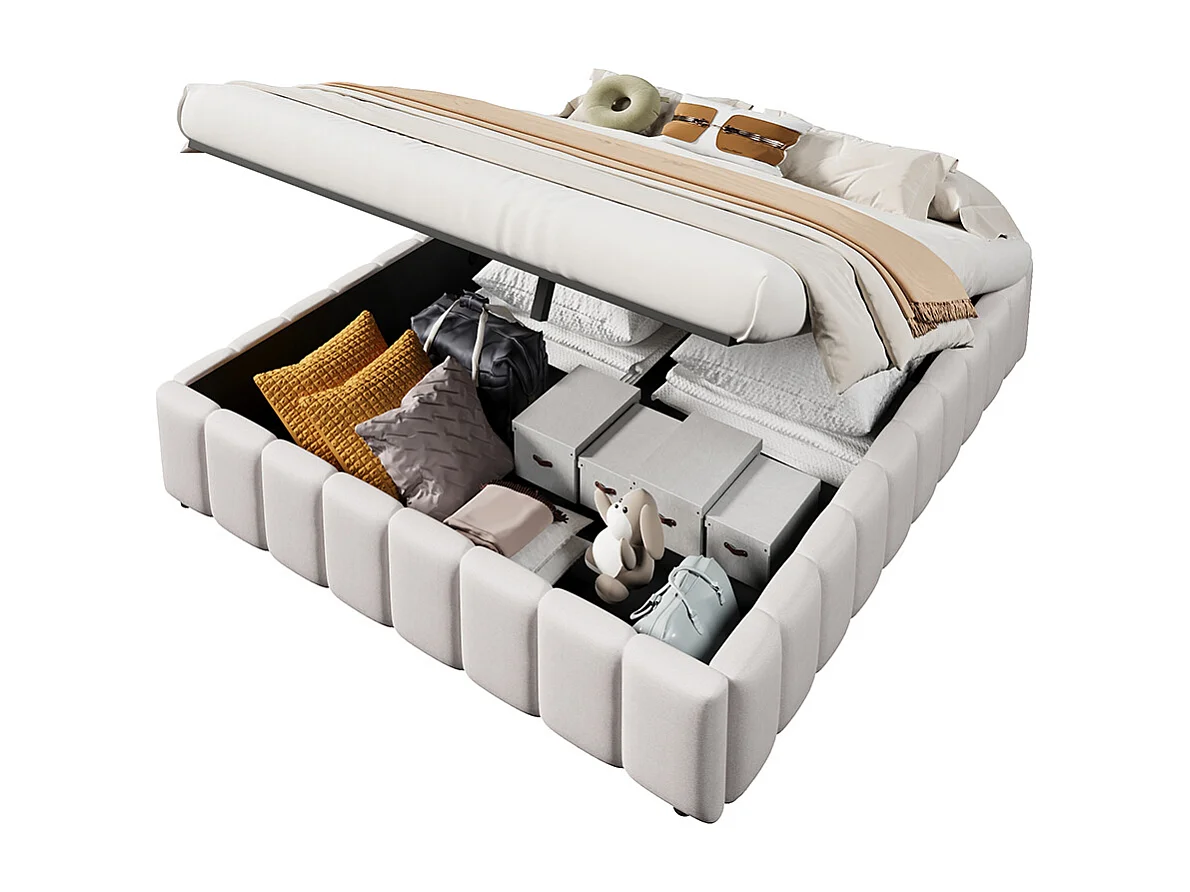 Lit coffre Cadre de lit 140x200 lit rembourré suspension hydraulique sans tête de lit sans matelas Beige