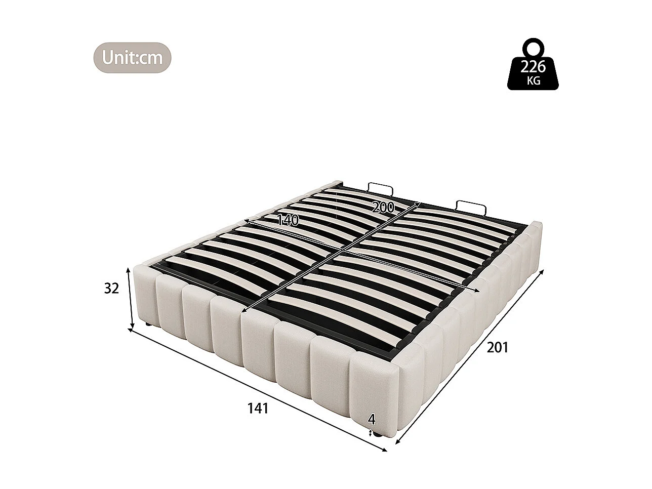 Lit coffre Cadre de lit 140x200 lit rembourré suspension hydraulique sans tête de lit sans matelas Beige