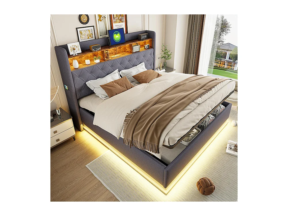 Lit coffre 180x200 LED avec port de chargement USB et espace de rangement hydraulique tissu en lin doux pour la peau Gris