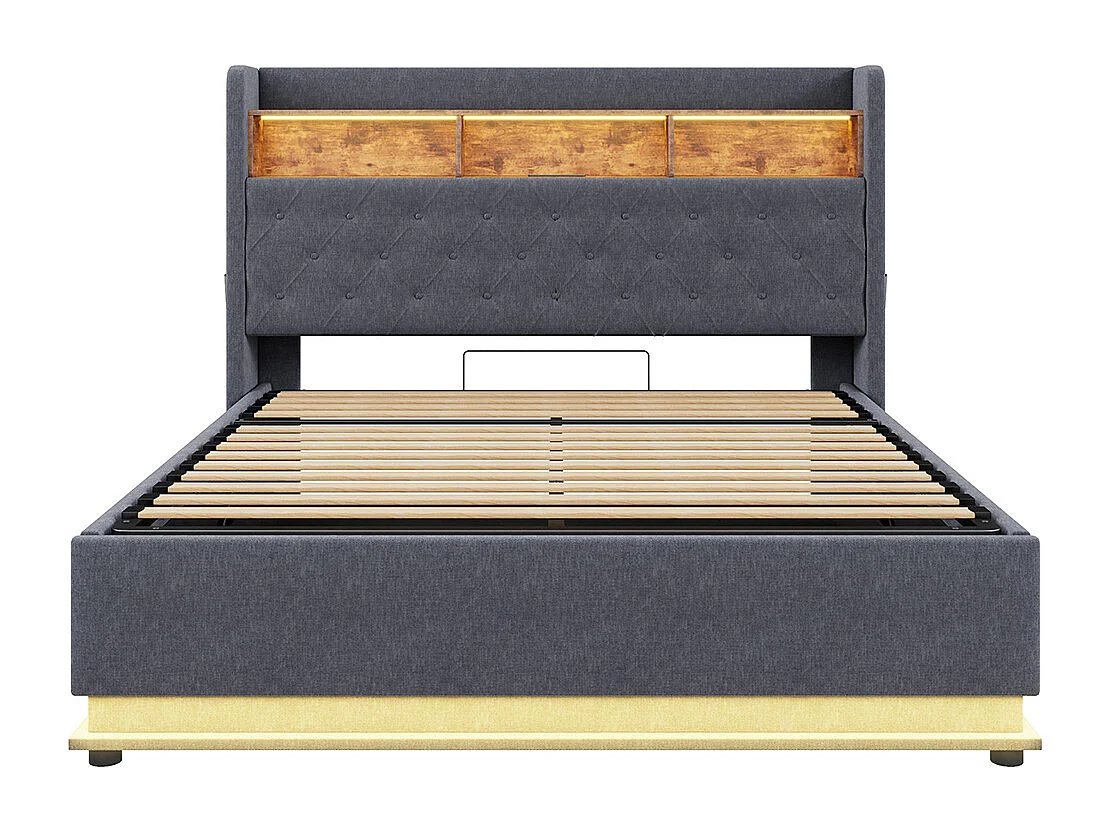 Lit coffre 180x200 LED avec port de chargement USB et espace de rangement hydraulique tissu en lin doux pour la peau Gris