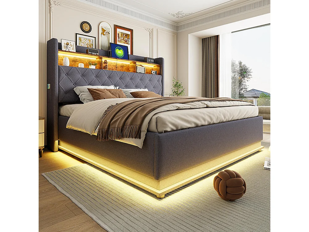 Lit coffre 180x200 LED avec port de chargement USB et espace de rangement hydraulique tissu en lin doux pour la peau Gris