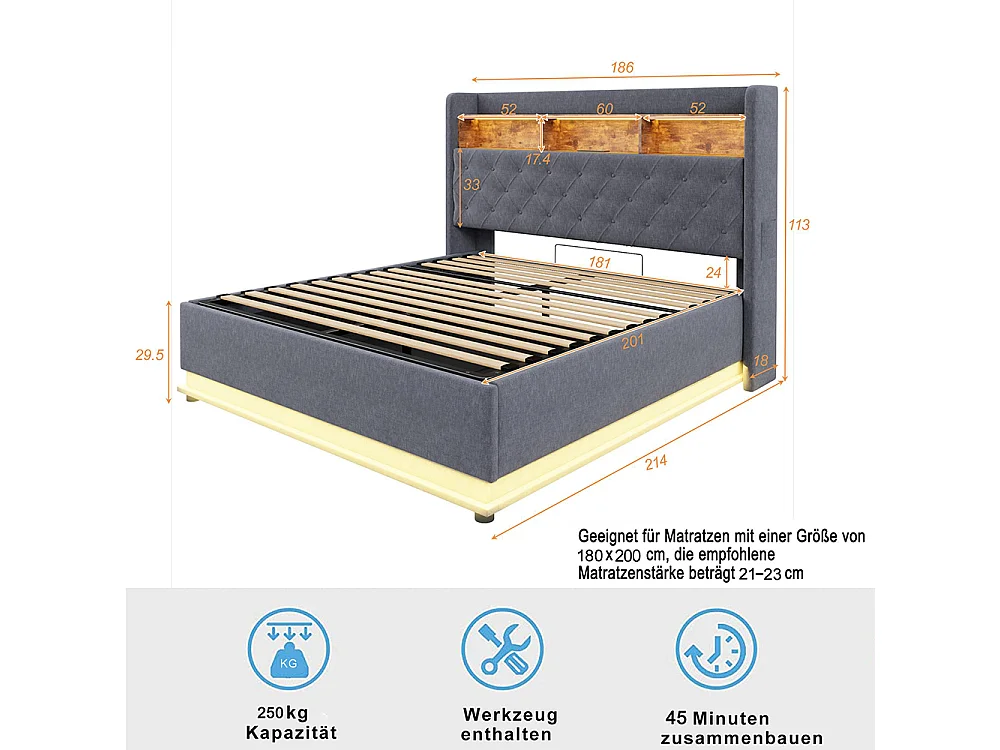 Lit coffre 180x200 LED avec port de chargement USB et espace de rangement hydraulique tissu en lin doux pour la peau Gris