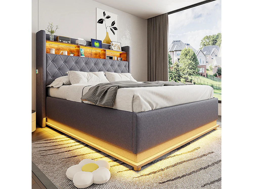 Lit coffre 160x200 LED avec rangement port de chargement USB et rangement hydraulique tissu en lin doux pour la peau Gris