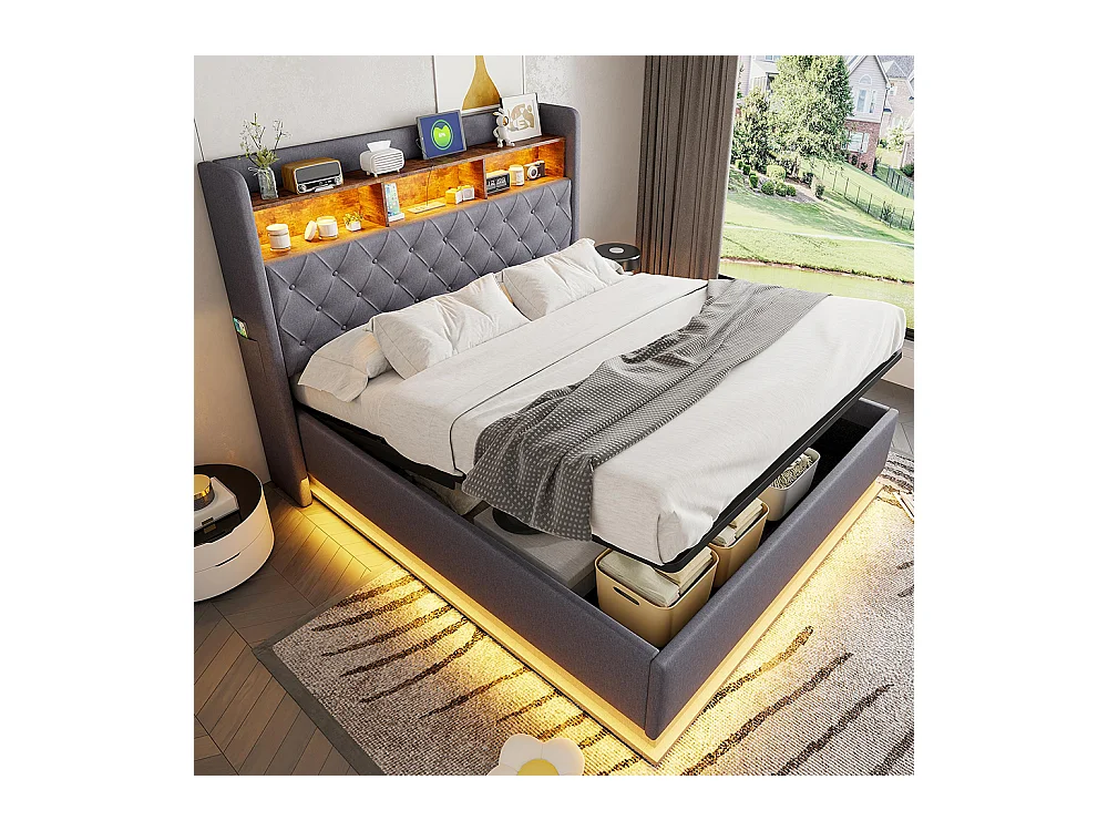 Lit coffre 160x200 LED avec rangement port de chargement USB et rangement hydraulique tissu en lin doux pour la peau Gris