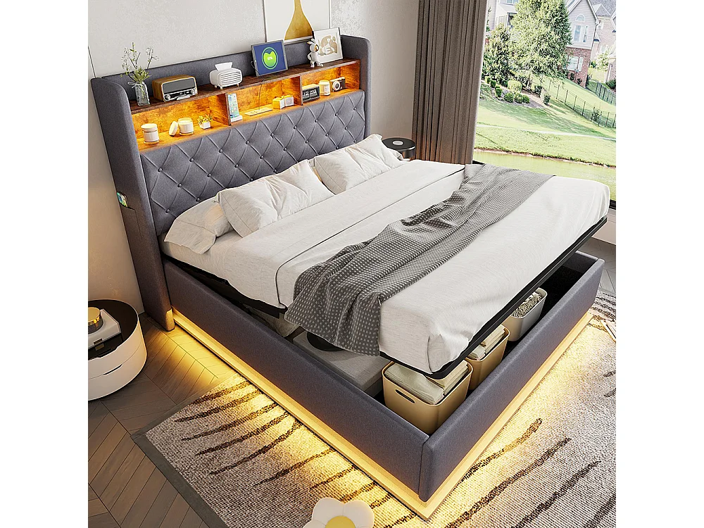 Lit coffre 160x200 LED avec rangement port de chargement USB et rangement hydraulique tissu en lin doux pour la peau Gris