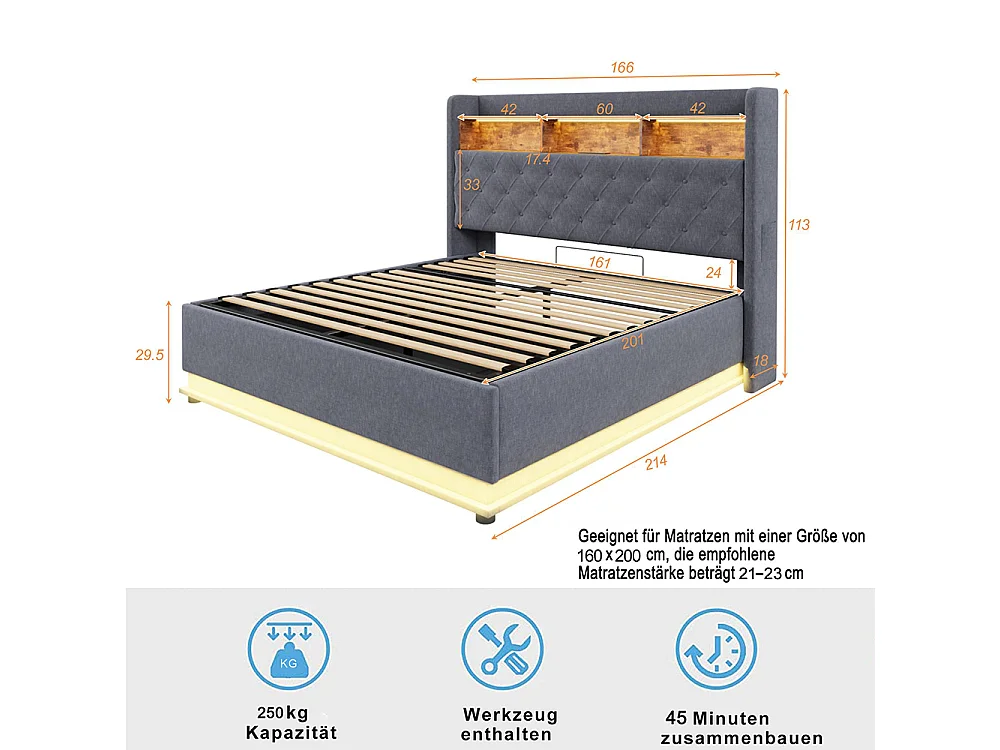 Lit coffre 160x200 LED avec rangement port de chargement USB et rangement hydraulique tissu en lin doux pour la peau Gris