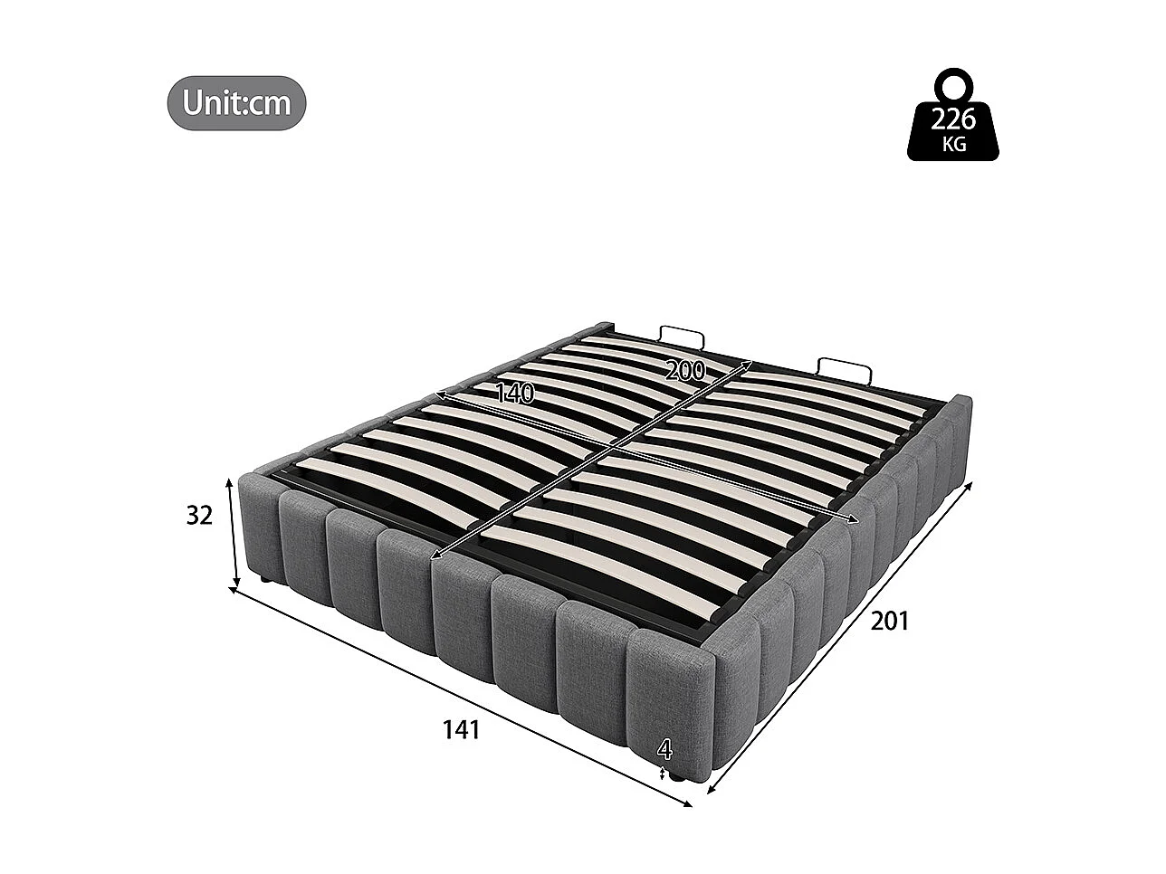 Lit coffre Cadre de lit 140x200 lit rembourré suspension hydraulique sans tête de lit sans matelas Gris