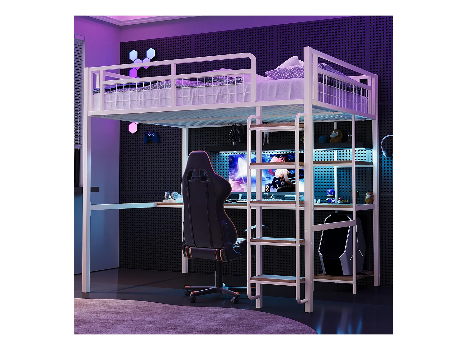 Lit mezzanine 140x200 avec échelle lit enfant avec table et étagère barrière de sécurité grillagée en métal Blanc